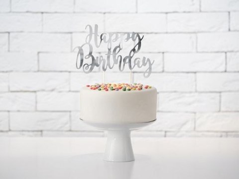 Partydeco Dekoracja na tort Partydeco topper na tort Happy Birthday, srebrny, 22,5cm (KPT11-018M)