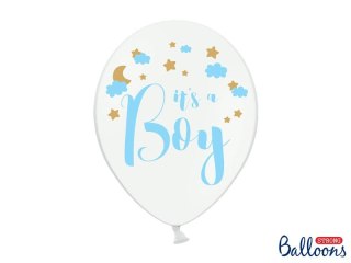 Partydeco Balon gumowy Partydeco gumowy z nadrukiem Its a Boy błękitno-złoty 30 cm/6 sztuk pastelowy 6 szt biały 300mm (5902230764354)