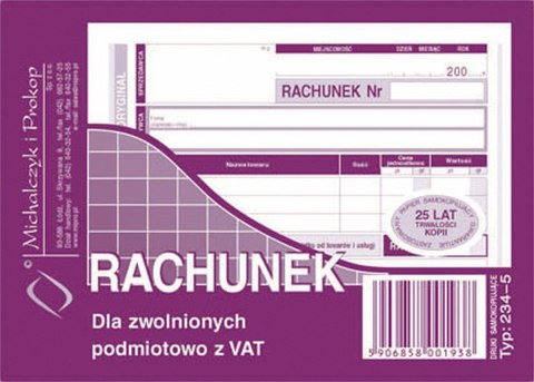 Michalczyk i Prokop Druk offsetowy Michalczyk i Prokop Rachunek uproszczony dla zwolnionych z VAT A6 A6 80k. (234-5)