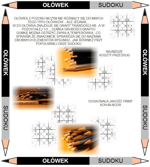 Koh-I-Noor Ołówek Koh-I-Noor Sudoku dwustronny grafitowo-gumowy złoty lub srebrny (1350)