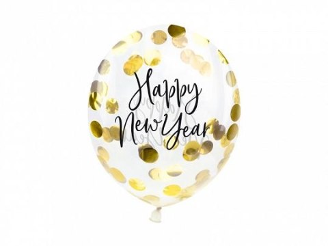 Partydeco Balon gumowy Partydeco z konfetti - Happy New Year transparentna 270mm (BK12-2-019)