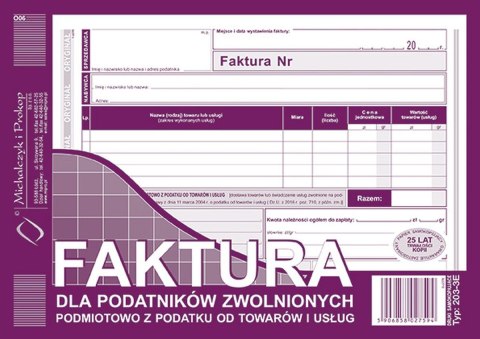 Michalczyk i Prokop Druk offsetowy Michalczyk i Prokop Faktura dla podatników zwolnionych z podatku VAT A5 80k. (203-3E)