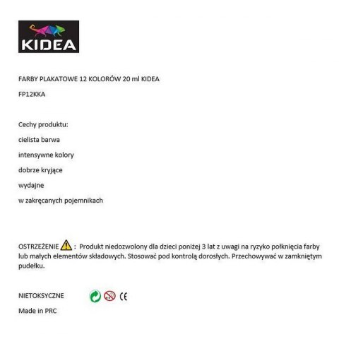 Kidea Farby plakatowe Kidea KIDART kolor: mix 20ml 12 kolor. (FP12KKA)