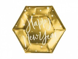 Partydeco Talerz jednorazowy Partydeco w kolorze złotym lustrzanym z białym wzorem gwiazd i napisem Happy New Year, średnica ok. 20 cm (1 