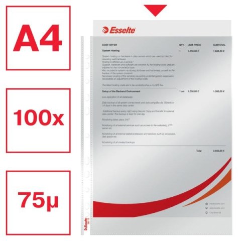 Esselte Koszulki na dokumenty Esselte krystaliczne krystaliczna A4 kolor: przezroczysty typu U 75 mic. (56113)