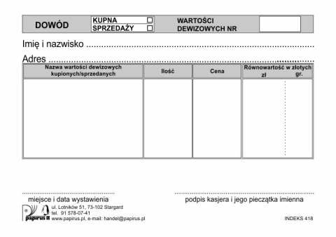 PAPIRUS II DRUK DOWÓD KUPNA-SPRZEDAŻY DEWIZOWEJ A7