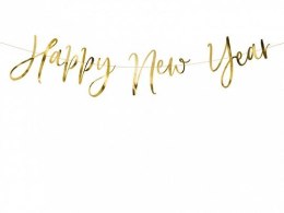Partydeco Baner Happy New Year wykonany z papieru w kolorze złotym lustrzanym długość ok. 66 cm, wysokość ok. 18 cm Partydeco (GRL88-019M)