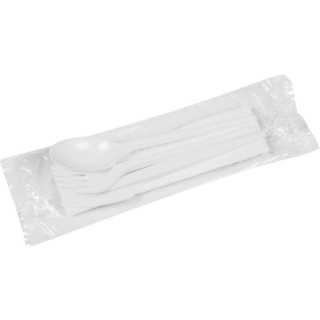 Zestaw plastikowych sztućców białych łyżka+widelec+nóż+serwetka