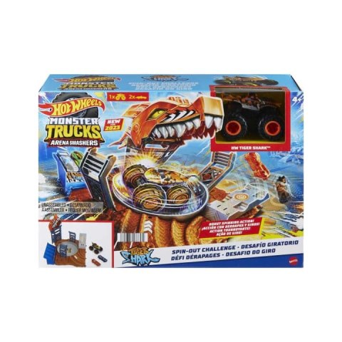 Hot Wheels Tor wyścigowy Hot Wheels Monster Trucks Arena Smashers Tiger Shark Zakręcona demolka Zestaw Półfinał (HNB93)