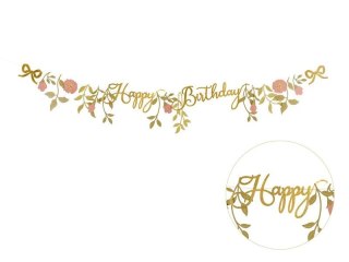 Partydeco Baner Partydeco Happy Birthday Kwiaty, różowo-złoty, 1.3m (GRL127)