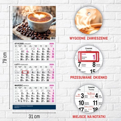 Press Kalendarz ścienny PREMIUM trójdzielny A4 Press (KAWA)