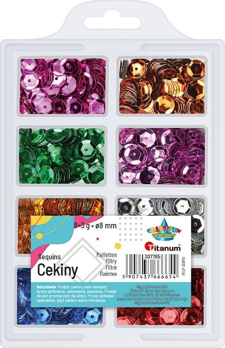 Titanum Zestaw cekinów Titanum Craft-Fun Series okrągłych 8 kolorów x 3g