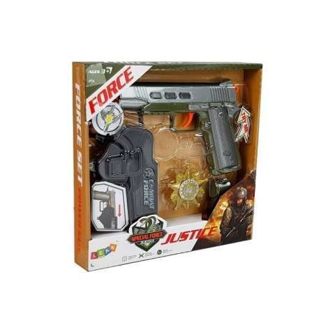 Lean Zestaw policyjny Pistolet 20cm Odznaka Gwizdek Kabura Efekty Świetlne Dźwięk Lean (7869)