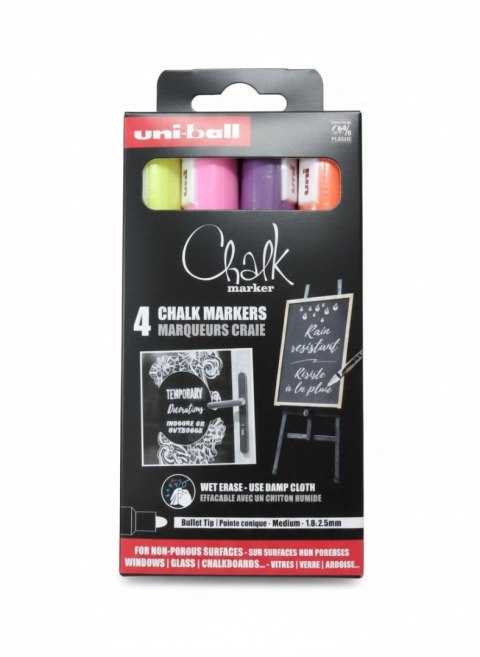 Uni Marker suchościeralny 4szt PWE 5m żółty,pomarańczowy,różowy,foletowy wkład mix 1,5-2,5mm okrągła końcówka Uni (206566)