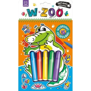 Aksjomat Książka dla dzieci Dotykaj i koloruj! W zoo. Welurkowe kolorowanki Aksjomat