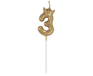Godan Świeczka urodzinowa cyferka 3, z koroną, szampańskie złoto, 6 cm Godan (HC-SCK3)